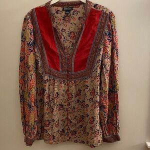 Lucky Brand Beige Floral Peasant Blouse with Red Yoke